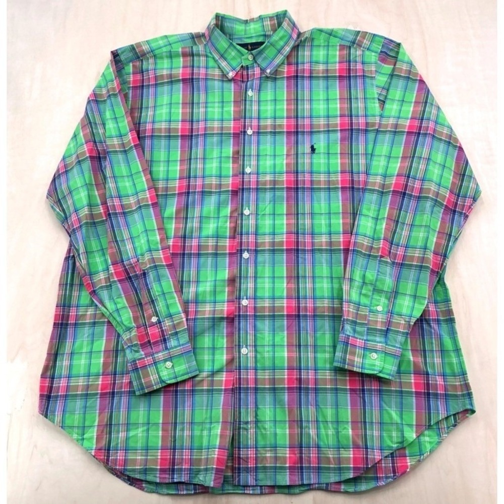 Ralph Lauren Shirt Mens 2XLT Green Pink Plaid Button Down Tall‎ Classic Bright
